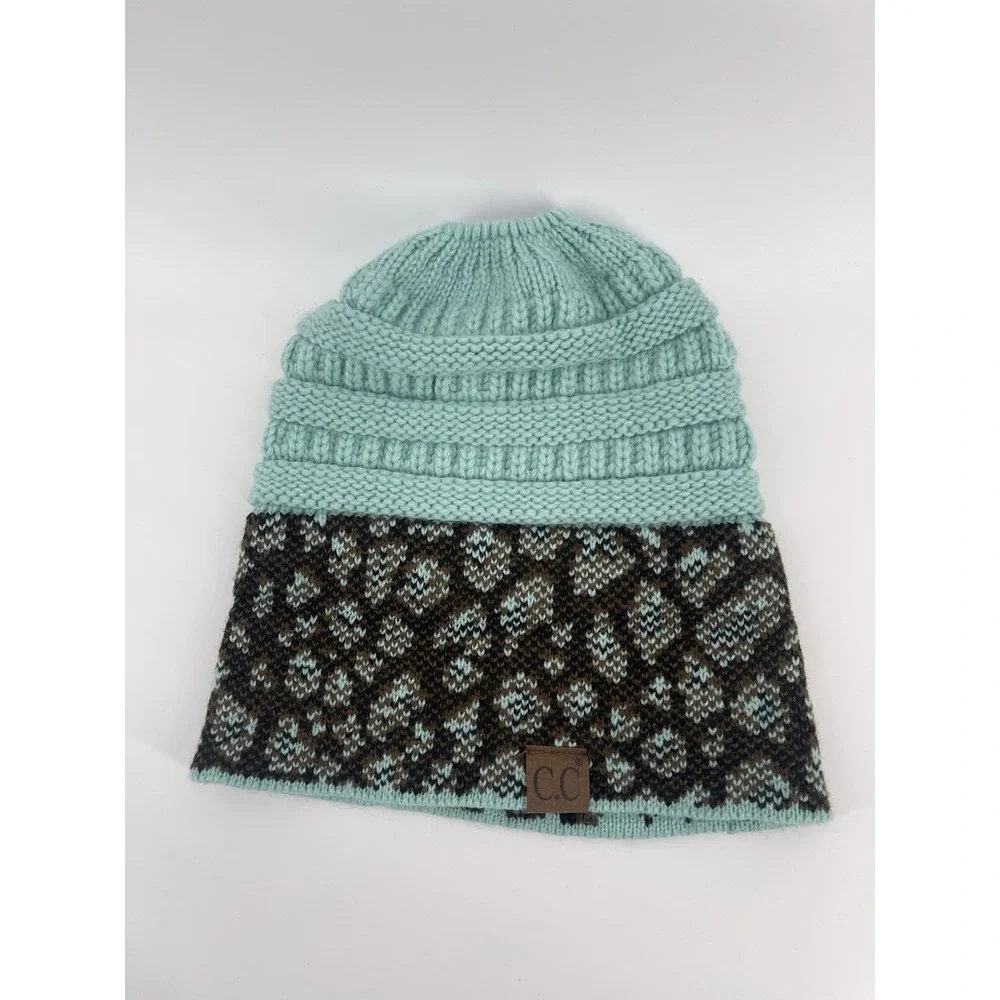 Young Girls CC Exclusives Beanie Hap  Leopard Print Cuffed Teal Cozy Warm Winter